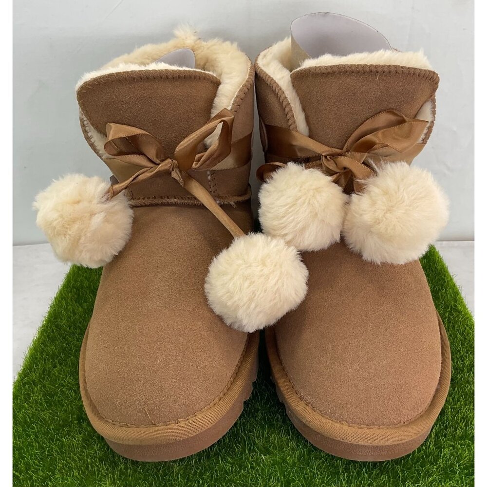 NEW HZSTAY Women's Suede Warm Snow Boots Wool Lined Pom Pom Taupe  Compare to UG